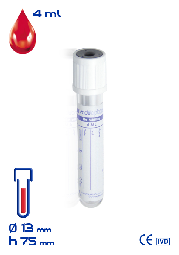 Вакуумна пробірка звичайна без додатків, з ПЕT, 4.0 ml (мл), діаметр 13 x 75 mm (мм), стерильна, біла кришка, етикетка (100 шт/уп) (30003)